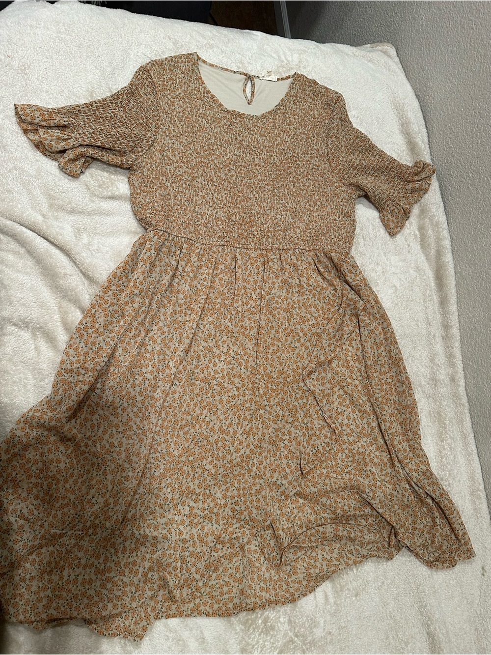 Orange Creek Floral Tan Smock Top and Sleeve Casual Dress